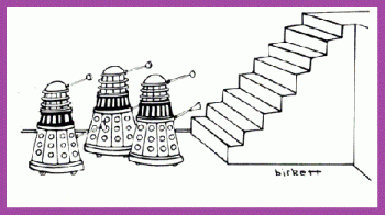 Daleks Facing Obstacle of Stairs